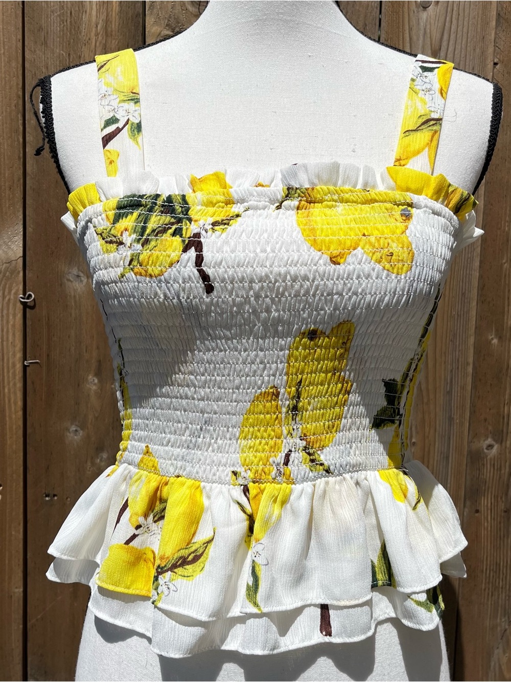 Helen Owen x Aqua White Smocked Peplum Tank with Yellow Lemon Print